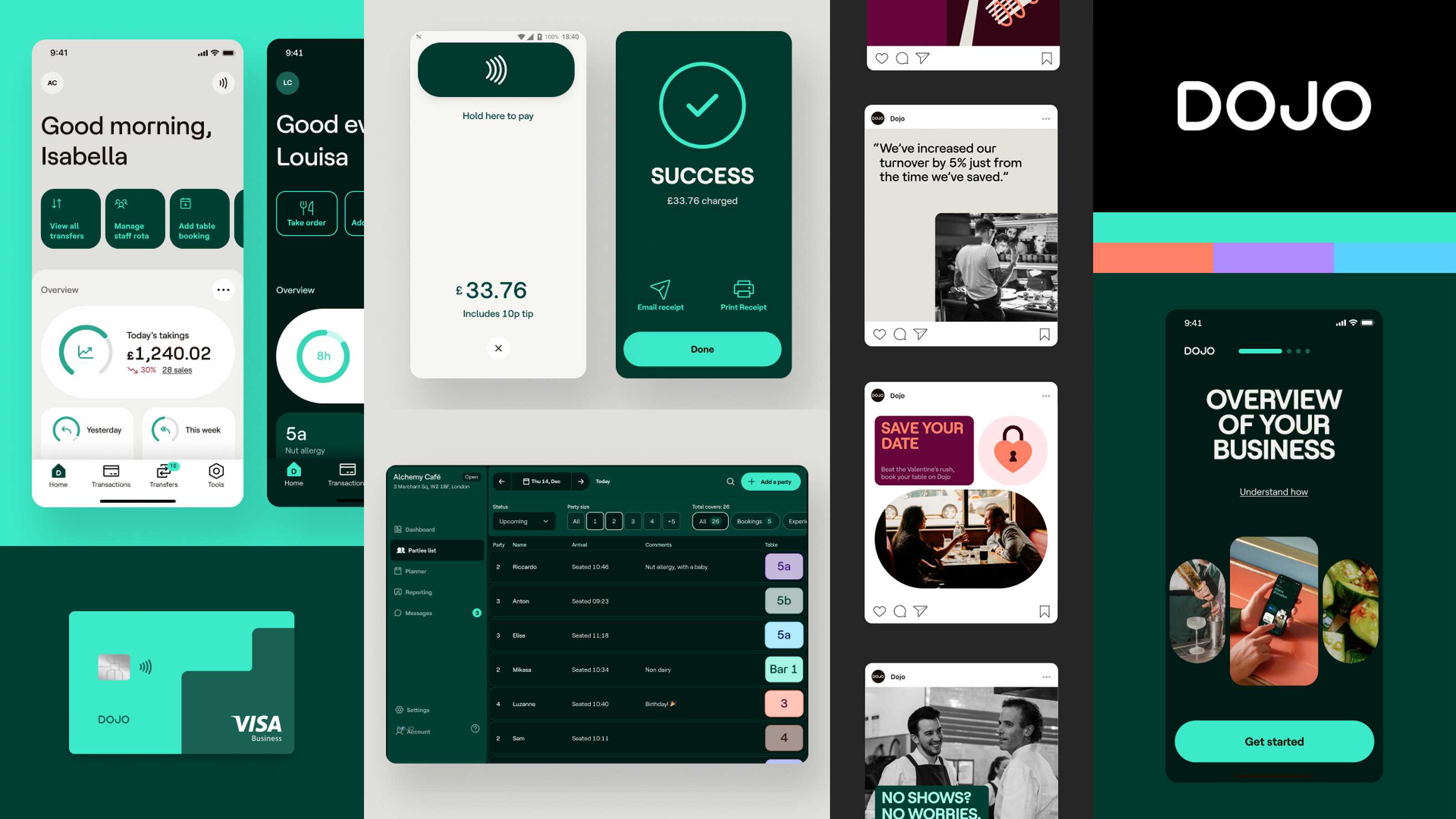 Grid of different mobile and desktop views of Dojo’s interface, such as payment, payment complete screen, a list of parties and tables and onboarding.