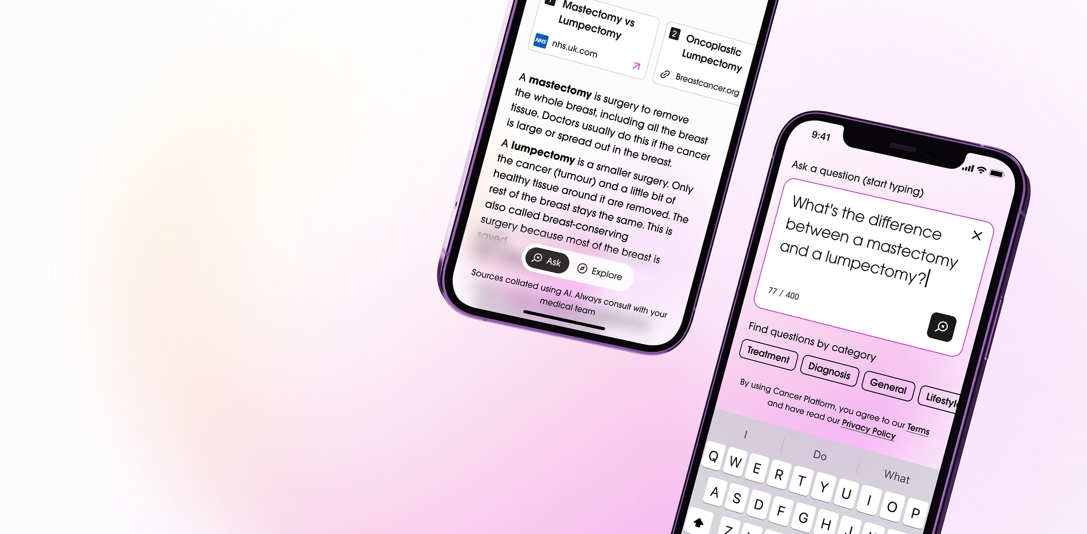 Two mobile phones showing the Cancer Platform app