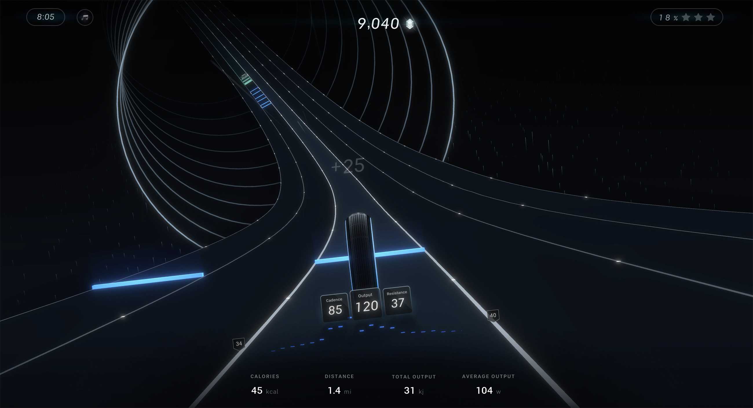 A screenshot of the Peloton app as someone cycles on a 3D race track