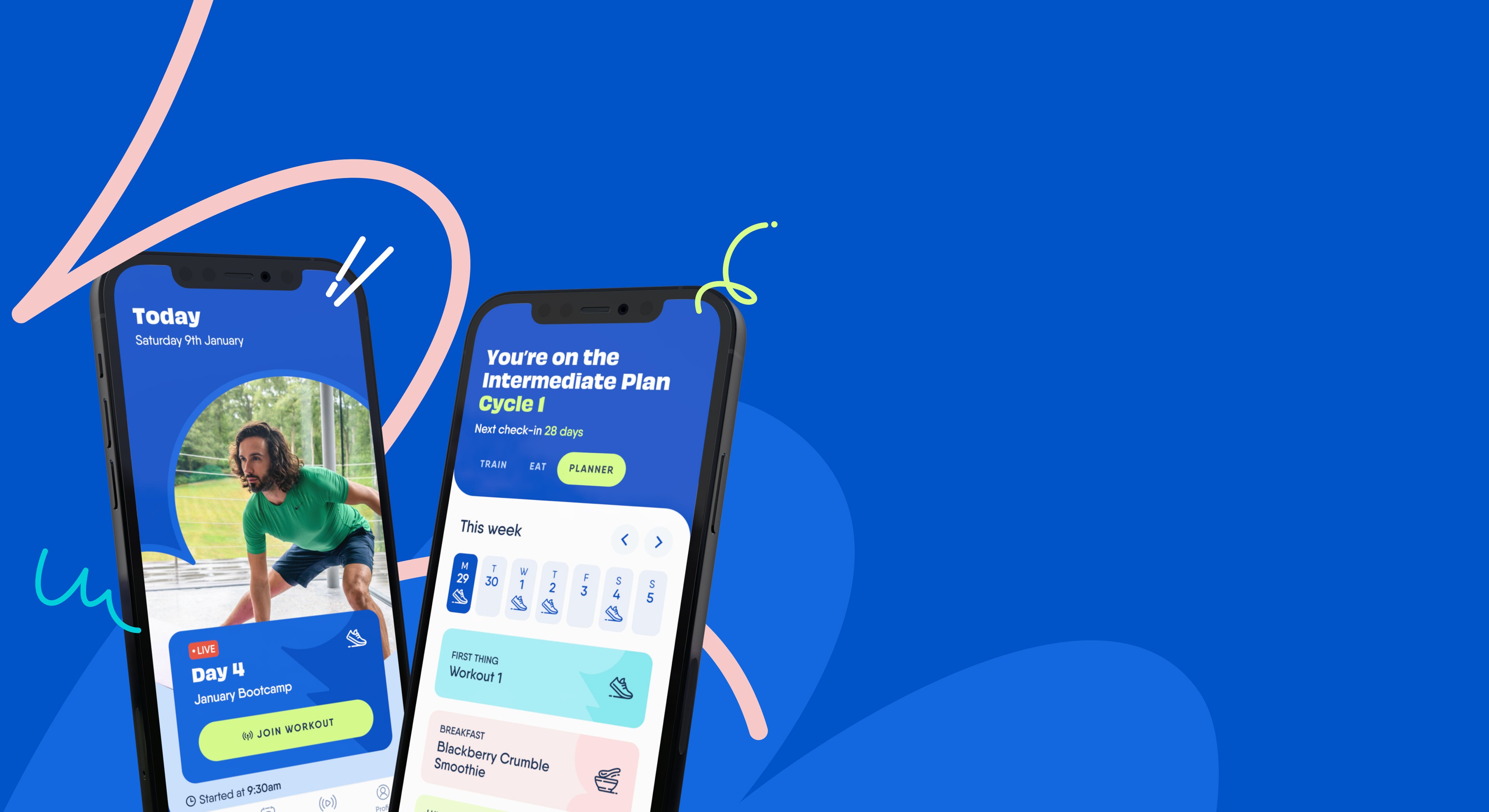 The Body Coach app on two phone screens