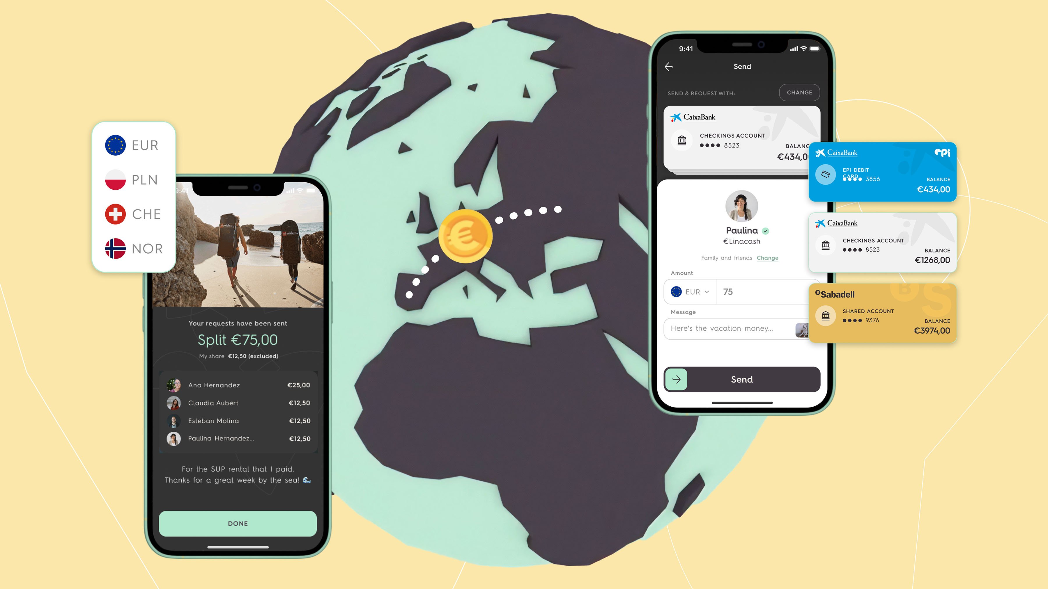 Illustration of the world with two phones either side with screens of the EPI app showing accounts and bill splitting.