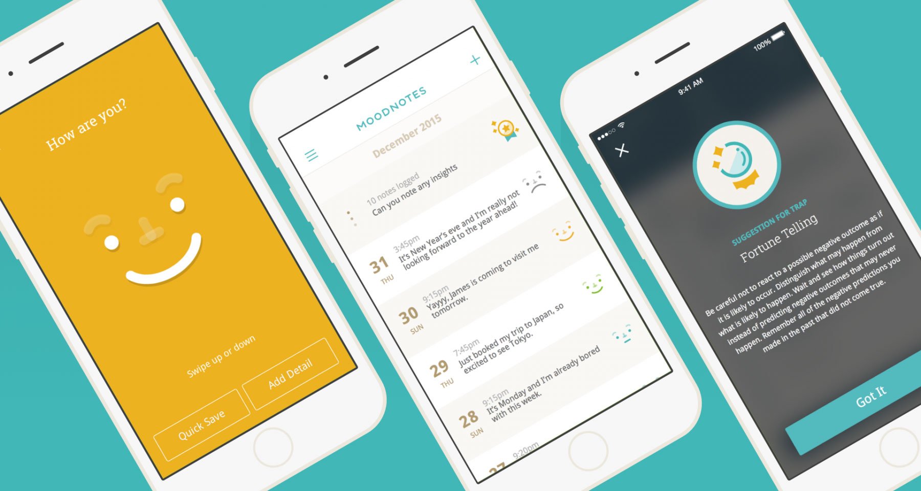Three screens of Moodnotes App